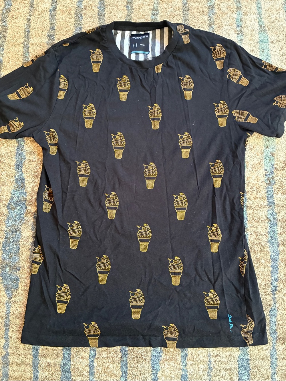 Denim & Flower Black Tee with Gold Ice Cream Print